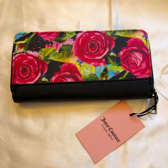 Juicy Couture Black Multi Rose Faux Leather Large Zip Around Wallet NWT - Picture 2 of 10
